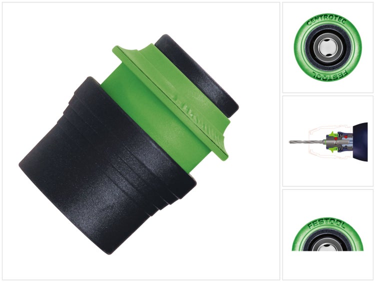 Festool Centrotec Werkzeugfutter für Bohrschrauber, inklusive Detailansichten und Schnittzeichnung der Mechanik.