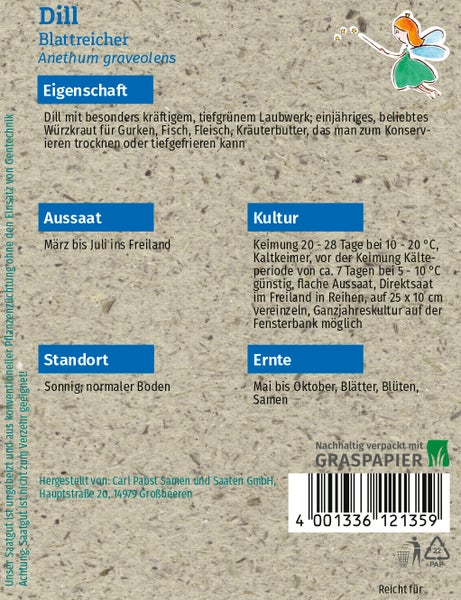 Rückseite der Samentüte Dill Blattreicher aus Graspapier mit Informationen zu Aussaat von März bis Juli, Standort, Kultur und Ernte von Mai bis Oktober.