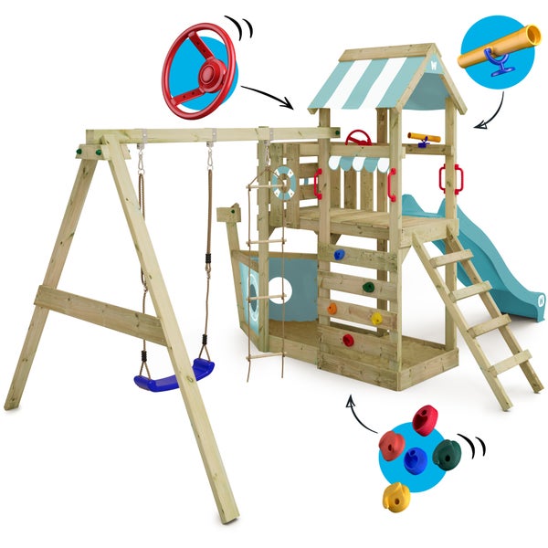 WICKEY Spielturm Klettergerüst SeaFlyer mit Schaukel und Rutsche, Baumhaus mit Sandkasten, Kletterleiter und Spiel-Zubehör – pastellblau