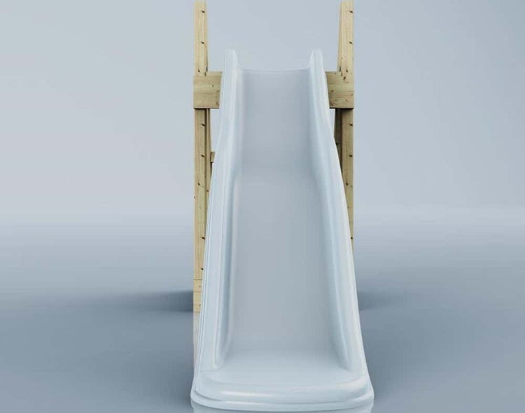 Kunststoffrutsche in Hellgrau mit Holzunterkonstruktion, Frontansicht