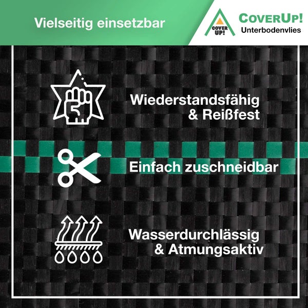 CoverUp! Unkrautgewebe 2m x 10m = 20m² – Gartenvlies Unkrautvlies wasserdurchlässig atmungsaktiv (100 g/m²) – inkl. 5 Erdanker