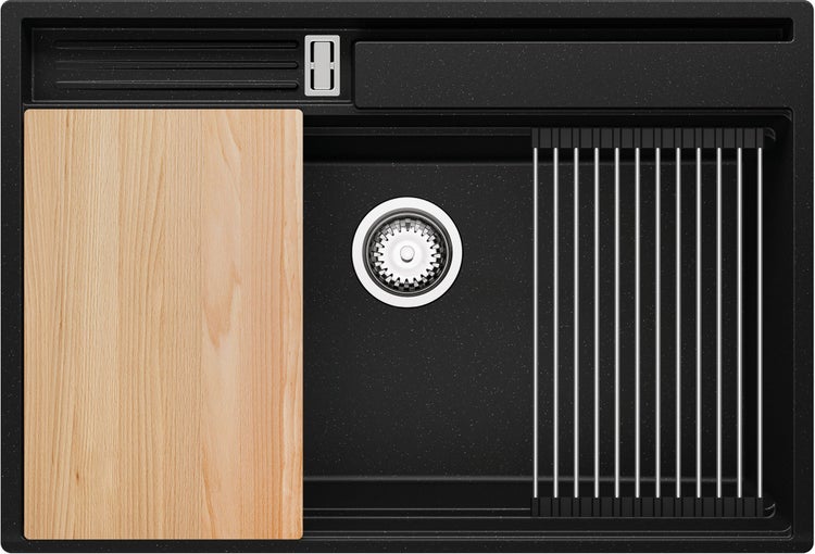 PRIMAGRAN Spülbecken Schwarz Metallic 78x53cm, Granitspüle 1 Becken + Ablauf-Set + Küchenzubehörset, Küchenspüle ab 80er Unterschrank - Oslo Pocket