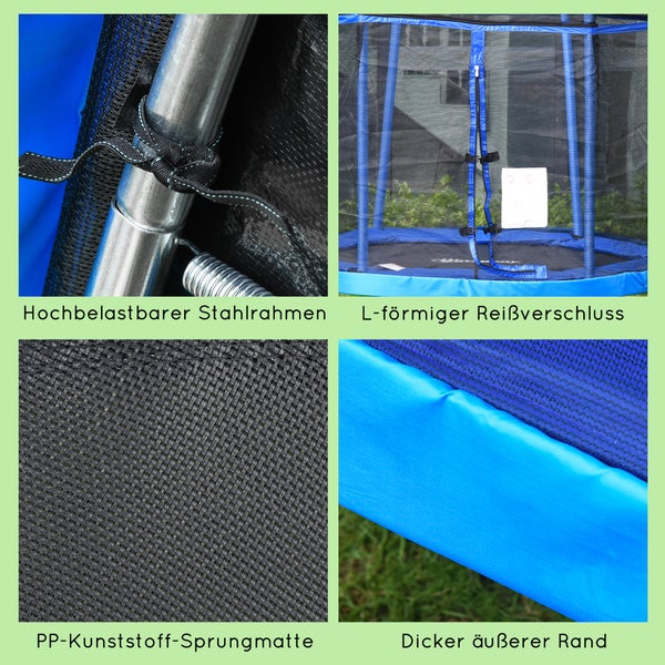 HOMCOM Kindertrampolin, Gartentrampolin mit Sicherheitsnetz, für 3-12 Jahre Kinder, bis 80 kg, 215 x 200 x 190 cm, Stahl, Blau+Grün
