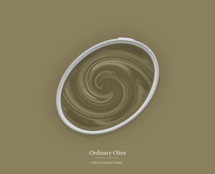 Wandfarbe The Color Kitchen Ordinary Olive, geöffnete Farbdose mit Farbmischung in Olivgrün.