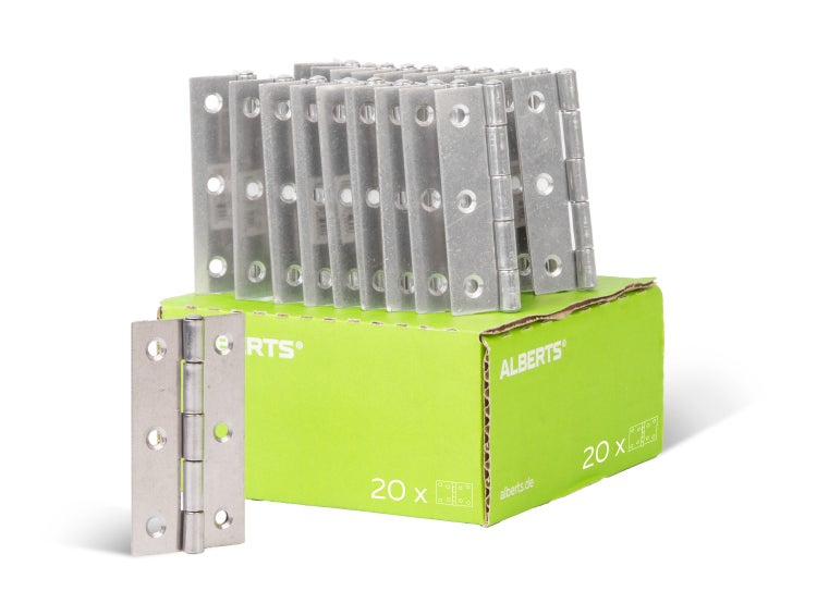 Set von zwanzig Alberts Scharnieren aus Metall in einer Kartonverpackung