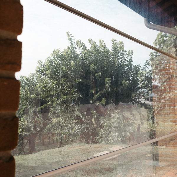 Transparente Außen-Seitenmarkise als Windschutz, montiert an einer Ziegelwand mit Ausblick in den Garten.