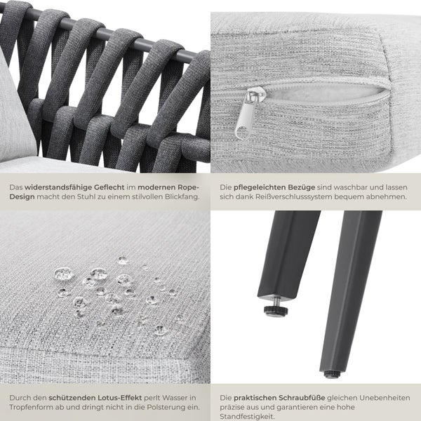 Detailaufnahmen eines Gartenstuhls: Rope-Geflecht, abziehbarer Bezug mit Reißverschluss, wasserabweisender Lotus-Effekt und verstellbare Füße.