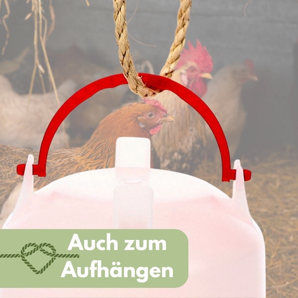 Geflügeltränke aus Kunststoff mit rotem Tragegriff zum Aufhängen für die Hühnerhaltung im Stall