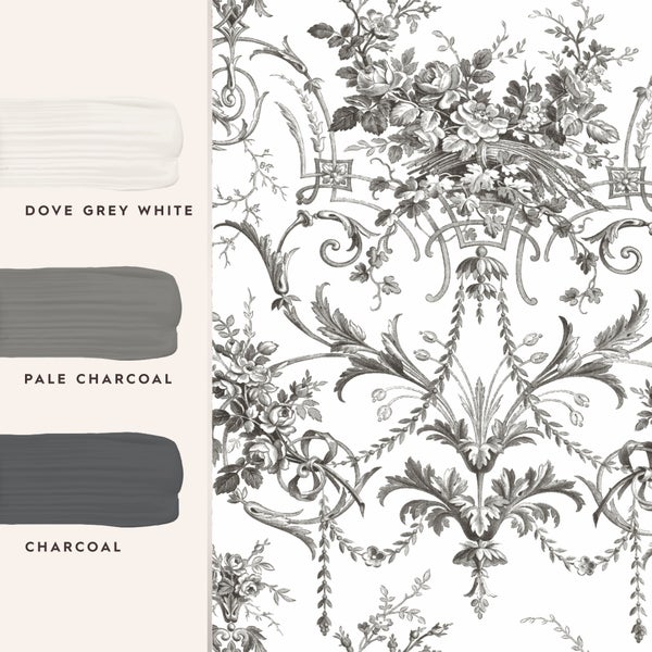 Tapete mit klassischem Blumenmuster und Ornamenten im Toile de Jouy Stil als Wanddekoration.