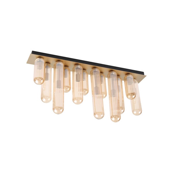 Deckenleuchte mit mehreren röhrenförmigen Schirmen aus bernsteinfarbenem, geriffeltem Glas an einer rechteckigen Metallhalterung.