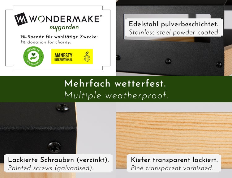 WONDERMAKE - Design Vogelhaus aus Metall und Holz wetterfest zum Aufhängen, modernes Vogelfutterhaus klein Metalldach hängend, Vogelhäuschen Futterhaus für Vögel, schwarz