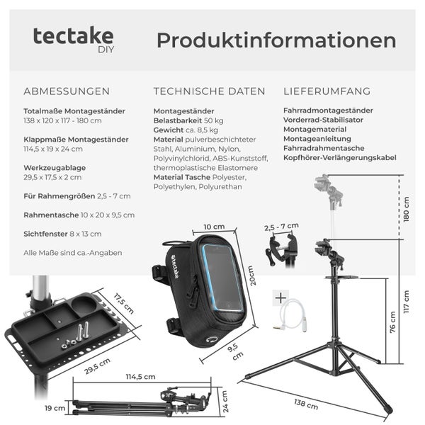 Produktinformationen zum Fahrrad Montageständer mit Fahrradrahmentasche und Zubehör