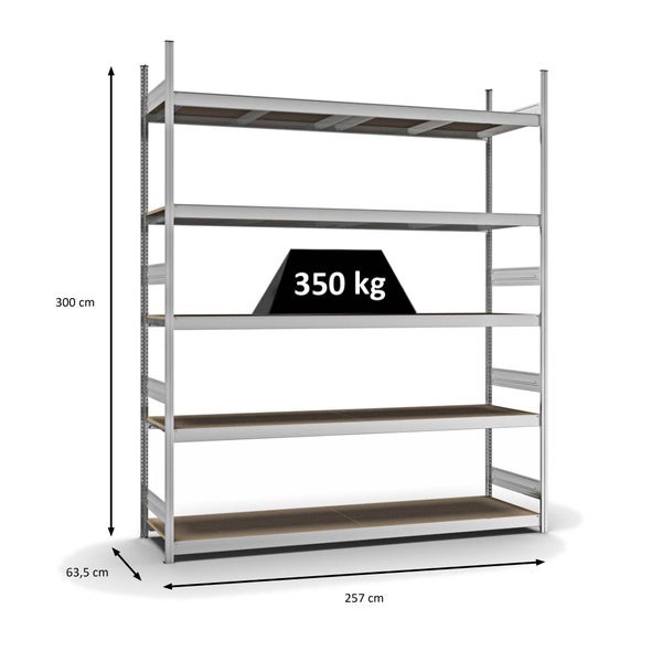 PROREGAL Weitspannregal Stecksystem T-Profil Grundregal HxBxT 300x250x60 cm 5 Ebenen Spanplatten Fachboden Fachlast 350 kg Verzinkt