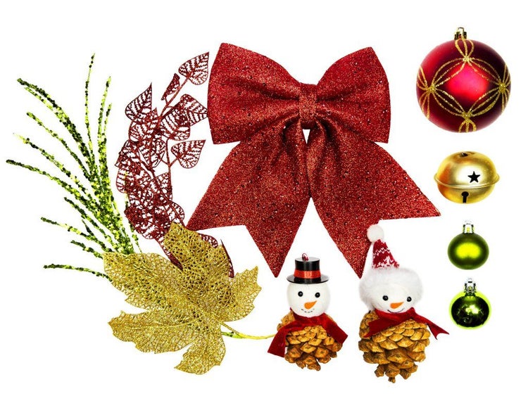 Weihnachtsdekoration Set mit Schleife, Zapfenmännchen, Christbaumkugeln und Dekozweigen für die festliche Raumgestaltung