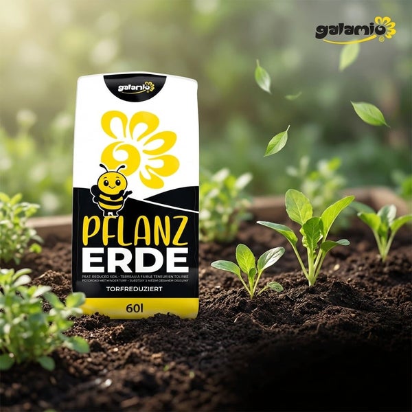 Galamio Pflanzerde torfreduziert 60 Liter Beutel steht in einem Gartenbeet mit jungen grünen Pflanzen und dunkler Erde.