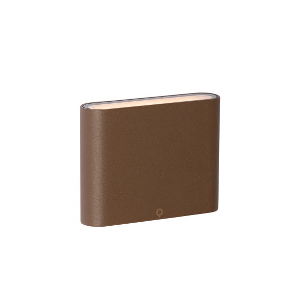 Moderne Außenwandleuchte in rechteckiger Form mit abgerundeten Seiten, braunes Metallgehäuse mit Lichtaustritt oben.