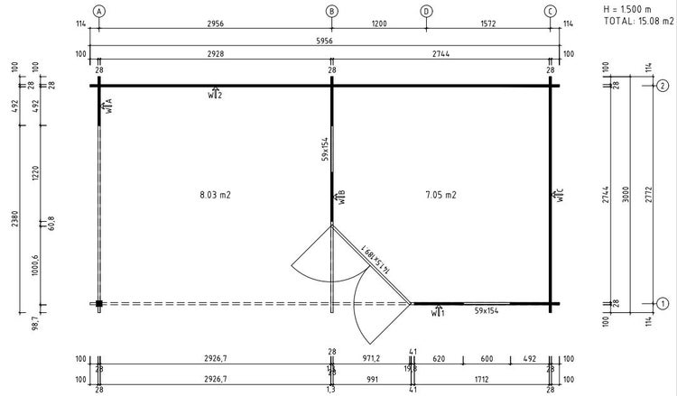 Grundrisszeichnung eines Gartenhauses mit Maßangaben
