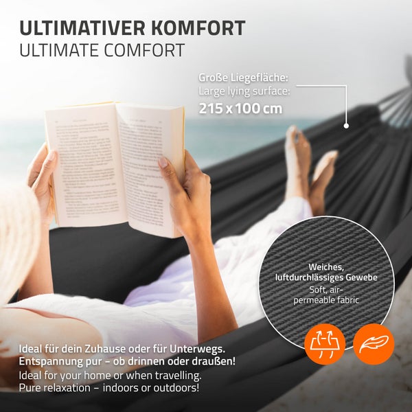ML-Design Doppel Hängematte mit Stahlgestell, Dunkelgrau, Platz für 2 Personen, Indoor & Outdoor, XXL Hängesessel mit Tragetasche, Hängemattengestell, Doppelhängematte mit Ständer, für Garten & Balkon