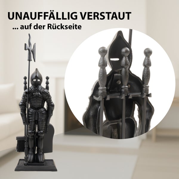 Kaminbesteck in Ritterform mit Schürhaken, Schaufel, Besen und Zange