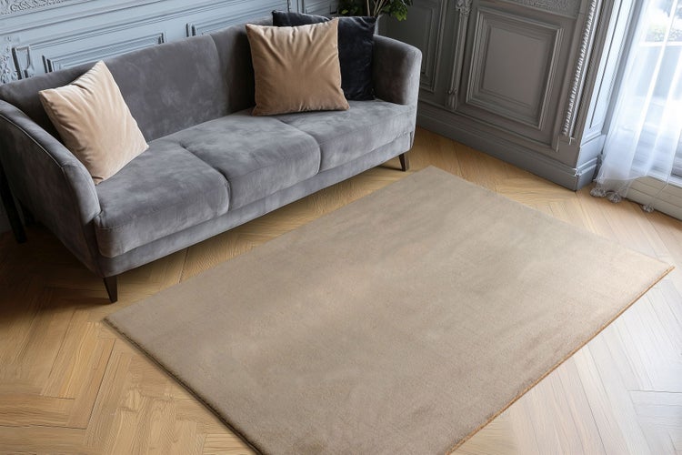 Wohnzimmer mit Sofa und rechteckigem, unifarbenem Teppich auf Fischgrät Parkettboden in einem eleganten Interieur.