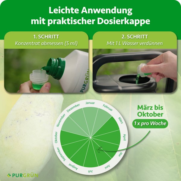 Anwendungsanleitung für Purgrün Dünger mit Dosierkappe und jahreszeitlichem Anwendungsplan von März bis Oktober.