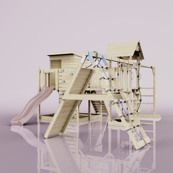 Spielturm aus Holz mit Rutsche, Kletterwand und Seilleiter für den Außenbereich