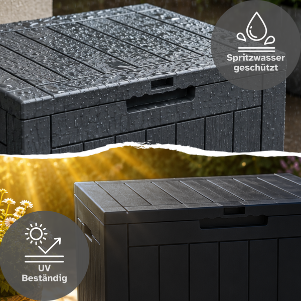 Wetterfeste Gartenbox mit Spritzwasserschutz und UV-Beständigkeit.