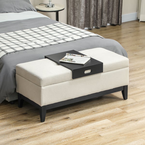 HOMCOM Sitzbank mit Stauraum, abnehmbarem Tablett Polsterbank mit Leinenoptik, Sitztruhe mit Holzbeine, Truhenbank für Wohnzimmer Schlafzimmer Flur 107 x 50 x 44 cm, Cremeweiß