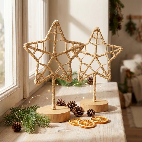 Zwei dekorative Sterne aus Jute auf Holzsockeln, dekoriert mit Tannenzweigen, Kiefernzapfen und Orangenscheiben als weihnachtliche Fensterdeko.