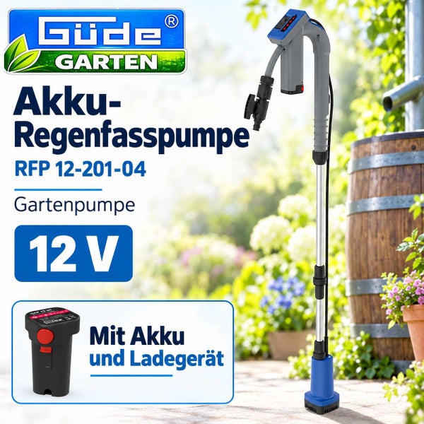 Güde Akku Regenfasspumpe RFP 12-201-04 inklusive Akku und Ladegerät für die Gartenbewässerung.