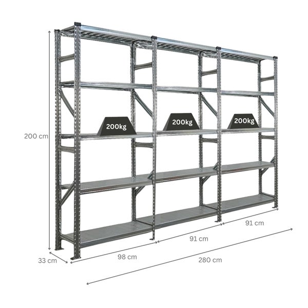 Stahlregal mit mehreren Ebenen und einer maximalen Belastbarkeit von 200 Kilogramm pro Ebene
