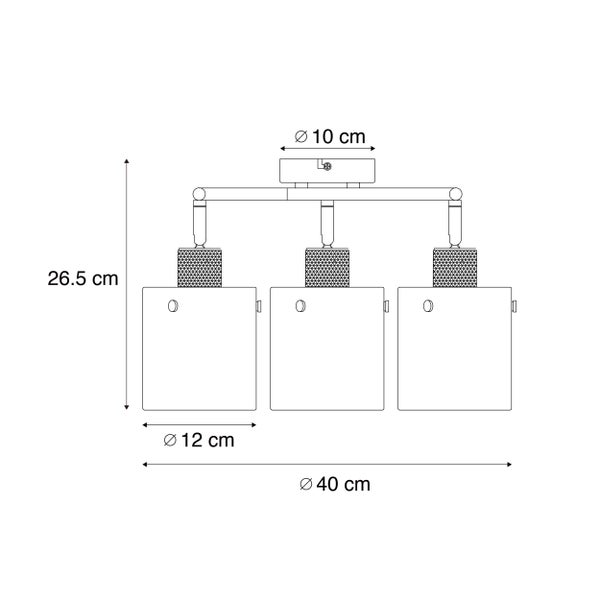 Technische Zeichnung einer Deckenleuchte mit drei Leuchten und den Maßen 40 Zentimeter breit und 26,5 Zentimeter hoch