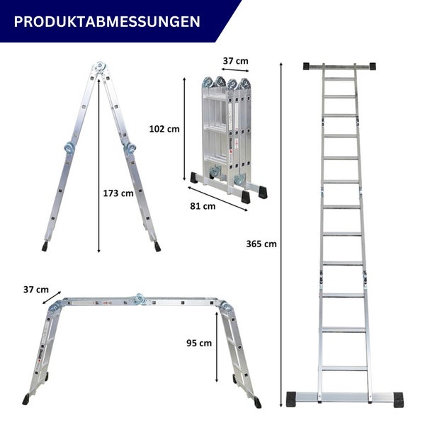 Sprossen-Mehrzweckleiter MULTISTEP mit TÜV/GS Zertifizierung und EN 131-Standard | mit Gerüstplattform | 4-teilig Aluminiumleiter | 4x3 Sprossen | bis zu 3,6 m Höhe | Traglast 150kg | Arbeitsgerüst, Stehleiter & Anlegeleiter