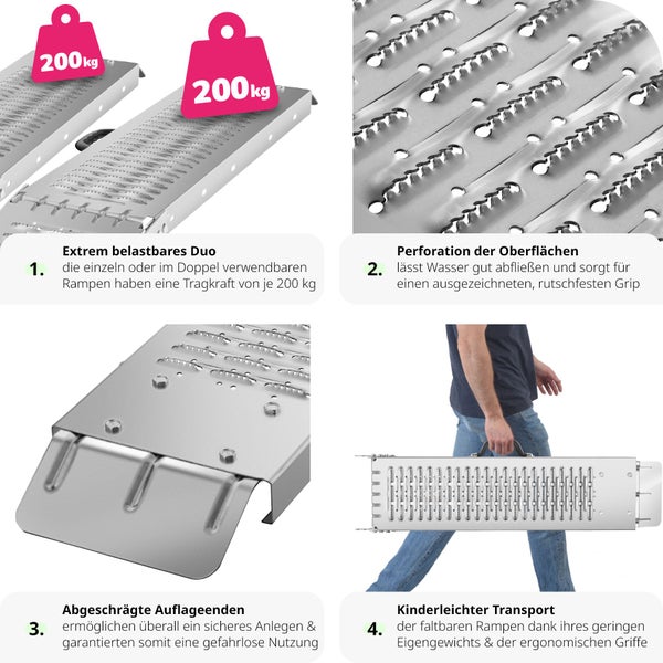 Auffahrrampen tectake Björn Belastbarkeit 400 kg, 200 kg pro Rampe 2er Set silber