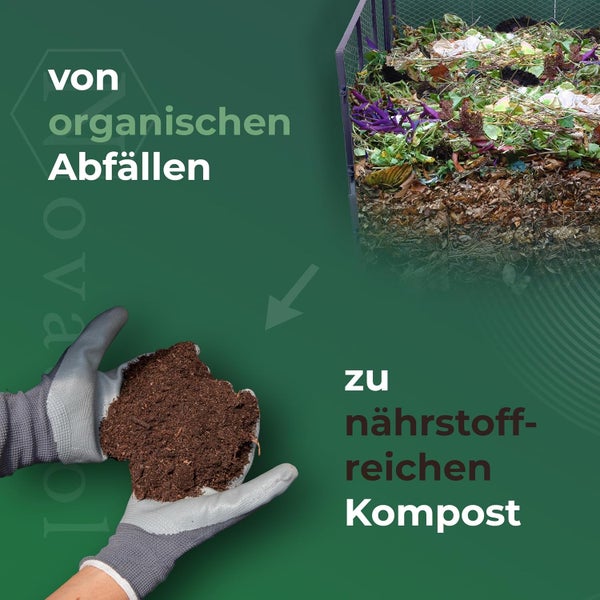Umwandlung von organischen Abfällen in einem Komposter zu nährstoffreichem Kompost, der in Arbeitshandschuhen präsentiert wird.