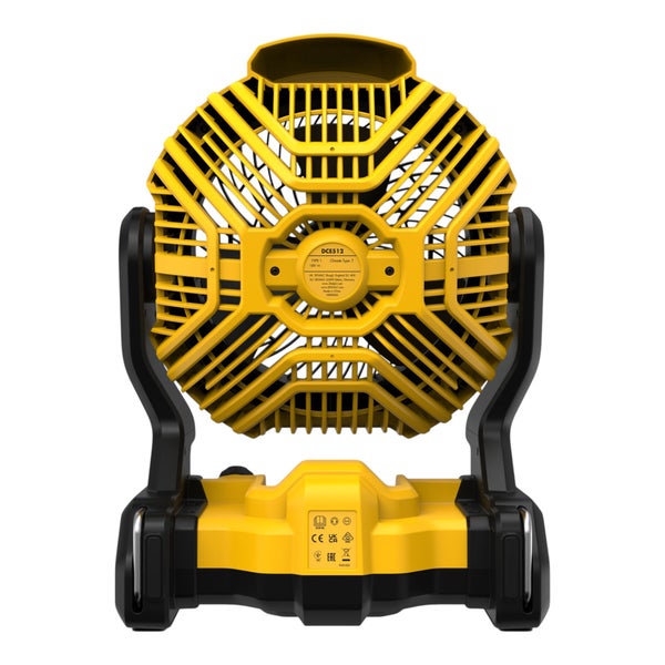 DeWalt Akku-Ventilator DCE512 18 Volt Rückansicht mit Schutzgitter und schwenkbarem Gehäuse.