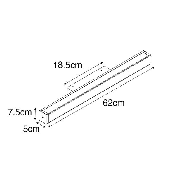 Abbildung einer Lampe mit den Maßen 62 cm Länge, 18,5 cm Breite, 7,5 cm Höhe und 5 cm Tiefe.