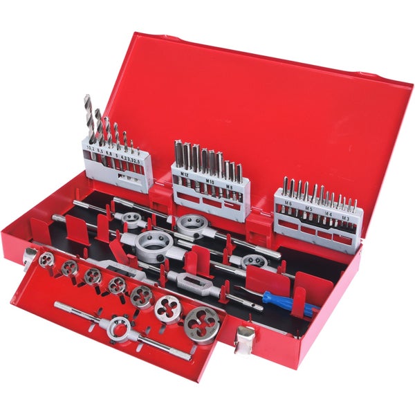 Bohrer und Gewindeschneider Set in roter Metallbox