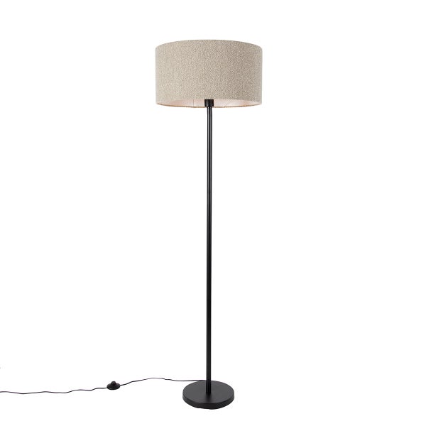 QAZQA - Modern Stehleuchte I Stehlampe I Standleuchte I Lampe I Leuchte schwarz mit Boucle-Schirm taupe 50 cm - Simplo I Wohnzimmer I Schlafzimmer - Stahl Rund - LED geeignet E27