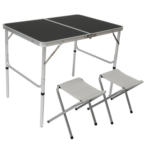 AMANKA klappbarer höhenverstellbarer Campingtisch 90x60x70 cm inkl. 2 Falthocker Campingtischset Kofferformat Dunkel Grau