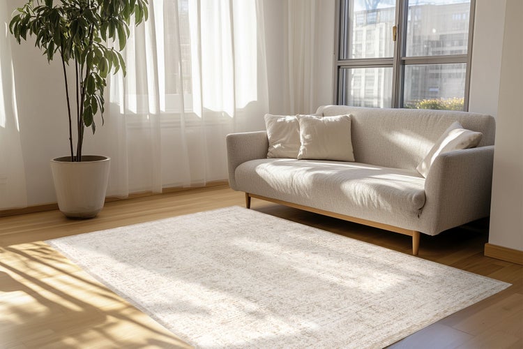 Helles Wohnzimmer mit Sofa, einer Pflanze im Topf auf Parkettboden und einem gemusterten Teppich vor einem bodentiefen Fenster mit Gardinen.