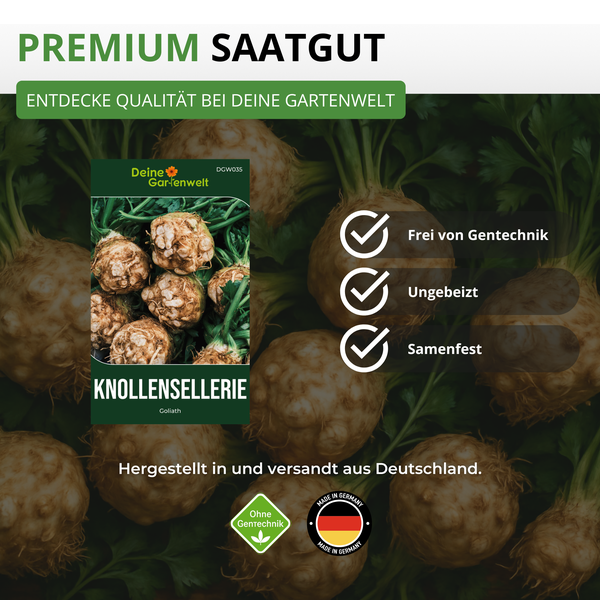 Premium Saatgut für Knollensellerie Goliath von Deine Gartenwelt. Frei von Gentechnik, ungebeizt und samenfest. Hergestellt in Deutschland.