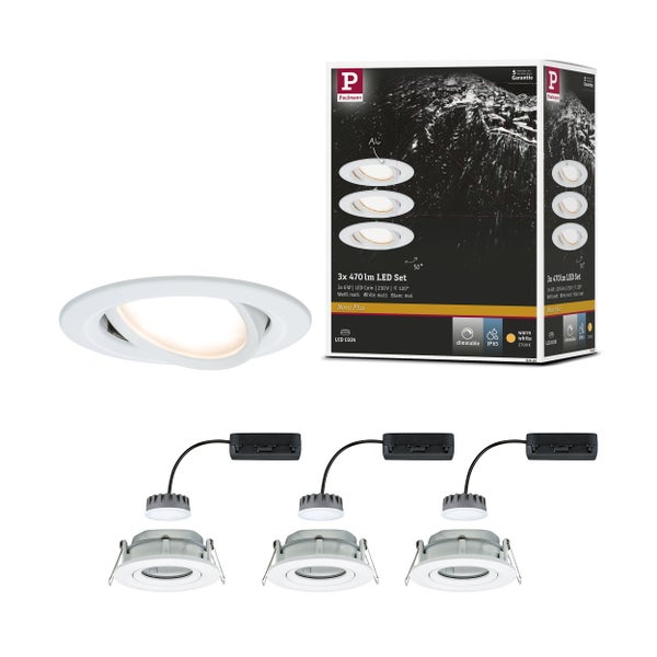 Paulmann LED-Einbaustrahler Set Nova Plus 3-flammig, 470 Lumen, warmweiß, dimmbar, Schutzart IP65, Aluminium weiß matt.