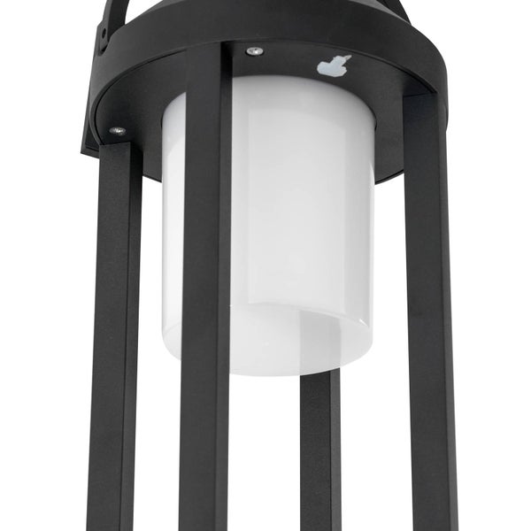 Nahaufnahme einer schwarzen Außenlaterne mit weißem, zylindrischem Lichtdiffusor.