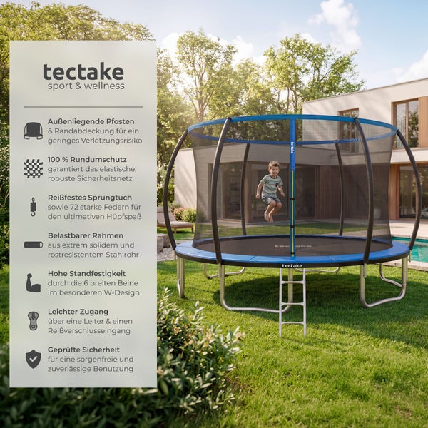 tectake Logo. Gartentrampolin mit Sicherheitsnetz, Leiter und sechs W-Beinen im Garten mit springendem Kind. Geprüfte Sicherheit.