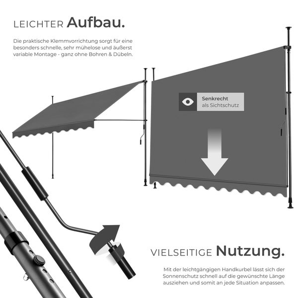 Klemmmarkise mit Teleskopstangen, nutzbar als Sonnenschutz oder senkrechter Sichtschutz, Montage ohne Bohren durch Klemmvorrichtung.