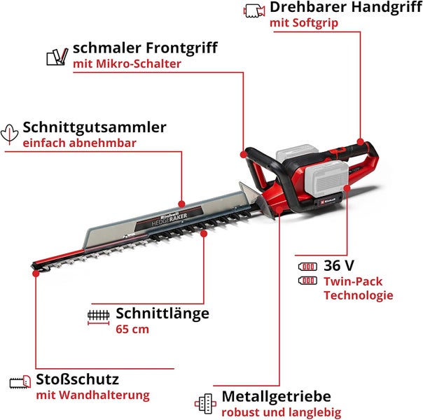 Einhell Akku Heckenschere mit 65 cm Schnittlänge und 36 Volt Twin Pack Technologie mit Produktmerkmalen in der Übersicht.