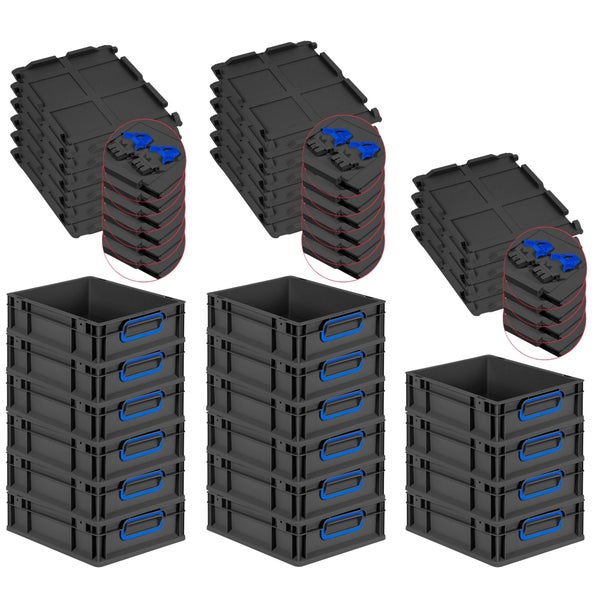 PROREGAL SuperSparSet 16x Eurobox NextGen Color mit Scharnierdeckel und Schiebeschnappverschlüssen, HxBxT 12x30x40cm, 11 Liter, Schwarz, Griffe blau geschlossen, Eurobehälter, Transportbox, Transportbehälter, Stapelbehälter