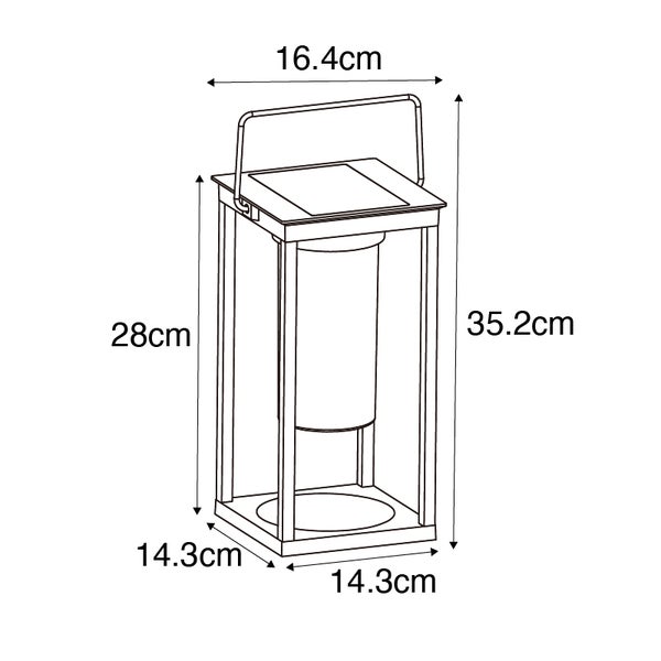 Technische Zeichnung einer Solarlaterne mit Maßen: Gesamthöhe 35,2 Zentimeter, Korpushöhe 28 Zentimeter, Breite 16,4 Zentimeter, Tiefe 14,3 Zentimeter.