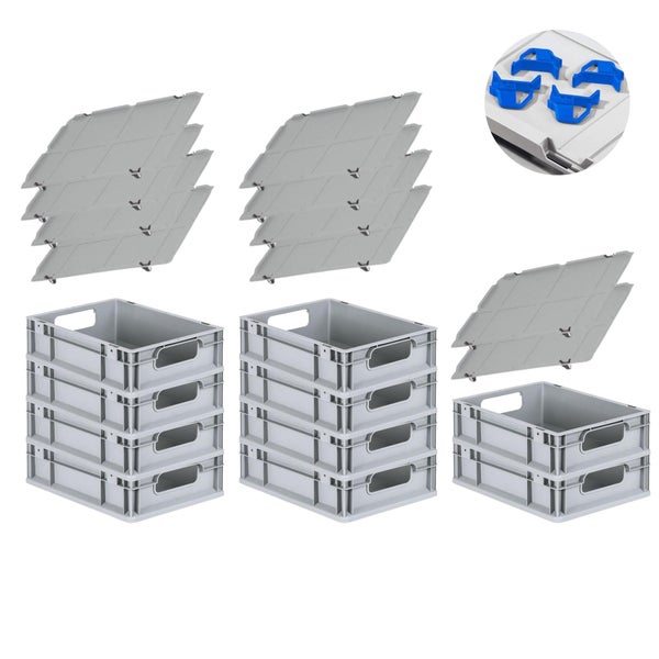 PROREGAL Spar Set 10x Eurobox Nextgen Economy Mit Auflagedeckel & 4x Schiebeschnappverschlüsse Blau Griffe Offen HxBxT 12 x 30 x 40 cm 11 Liter